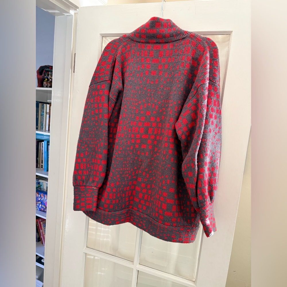Vintage Abstract Jacket Cardigan – Oversized Notched Collar Red & Charcoal - Picture 2 of 5